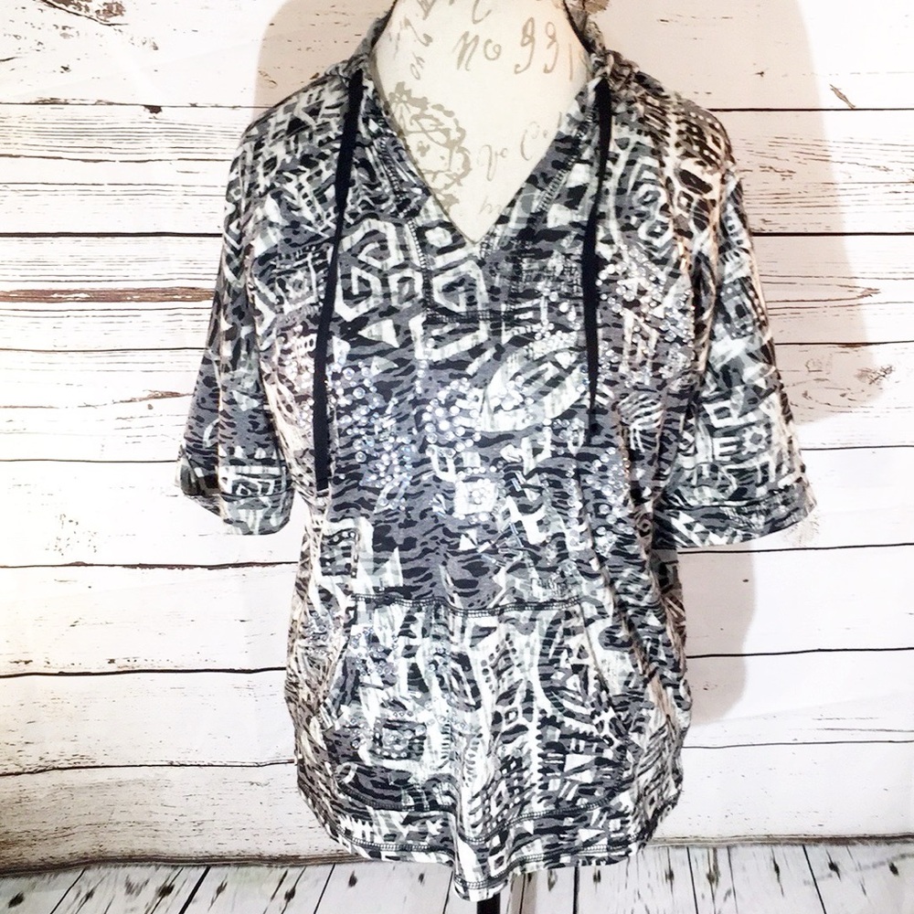 Thomas & Olivia Patterned Hoodie Top with Rhinestone Bling Large